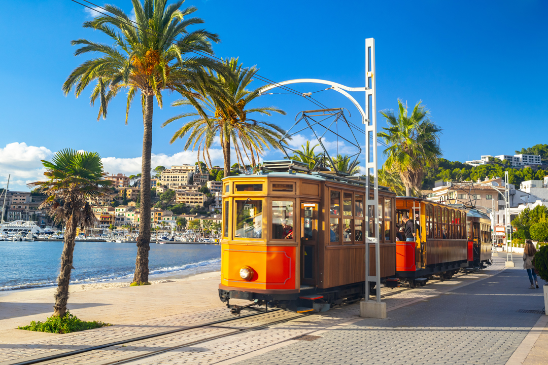 Port of Soller tram passing through the harbour
