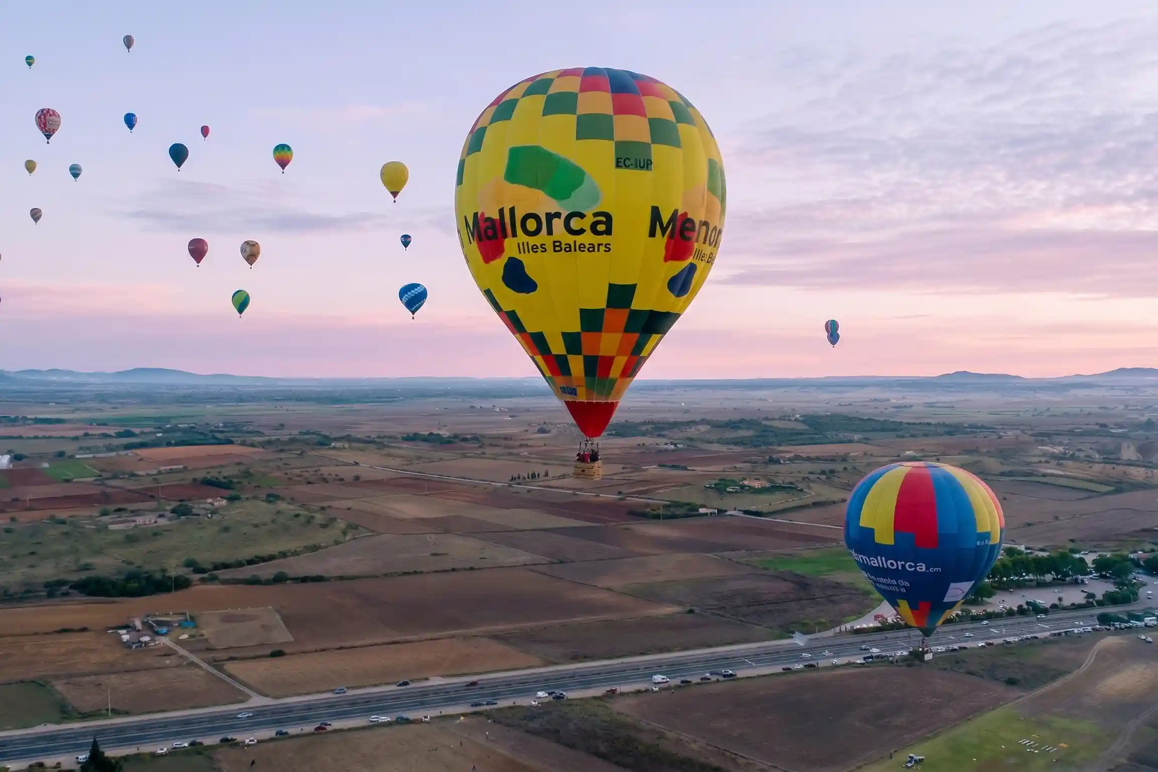 Many colorful hot air balloons flying high over countryside fields during a scenic sunrise.
