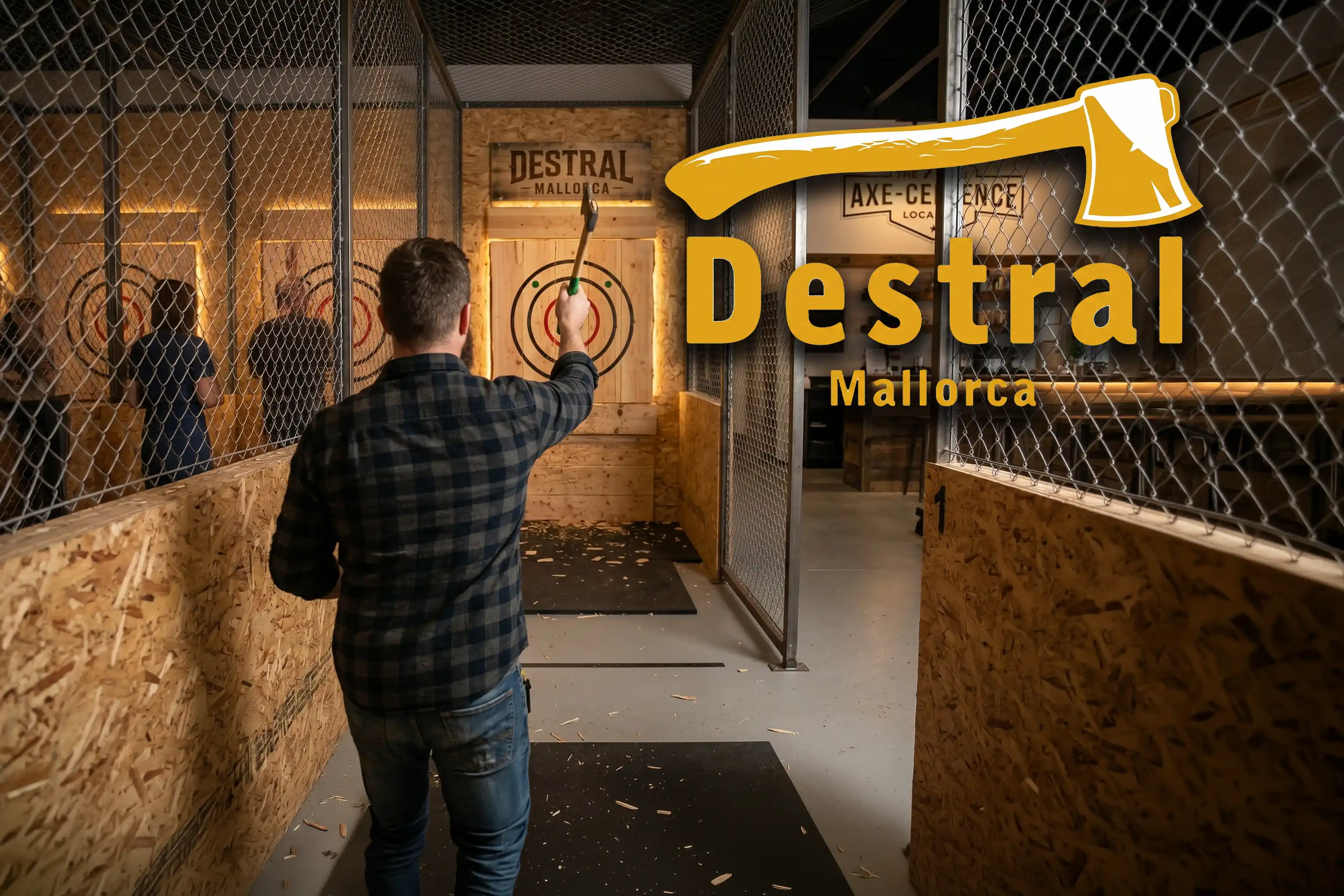 Man from behind throwing an axe at a circular target in a vibrant, neon-lit indoor venue with safety fencing.