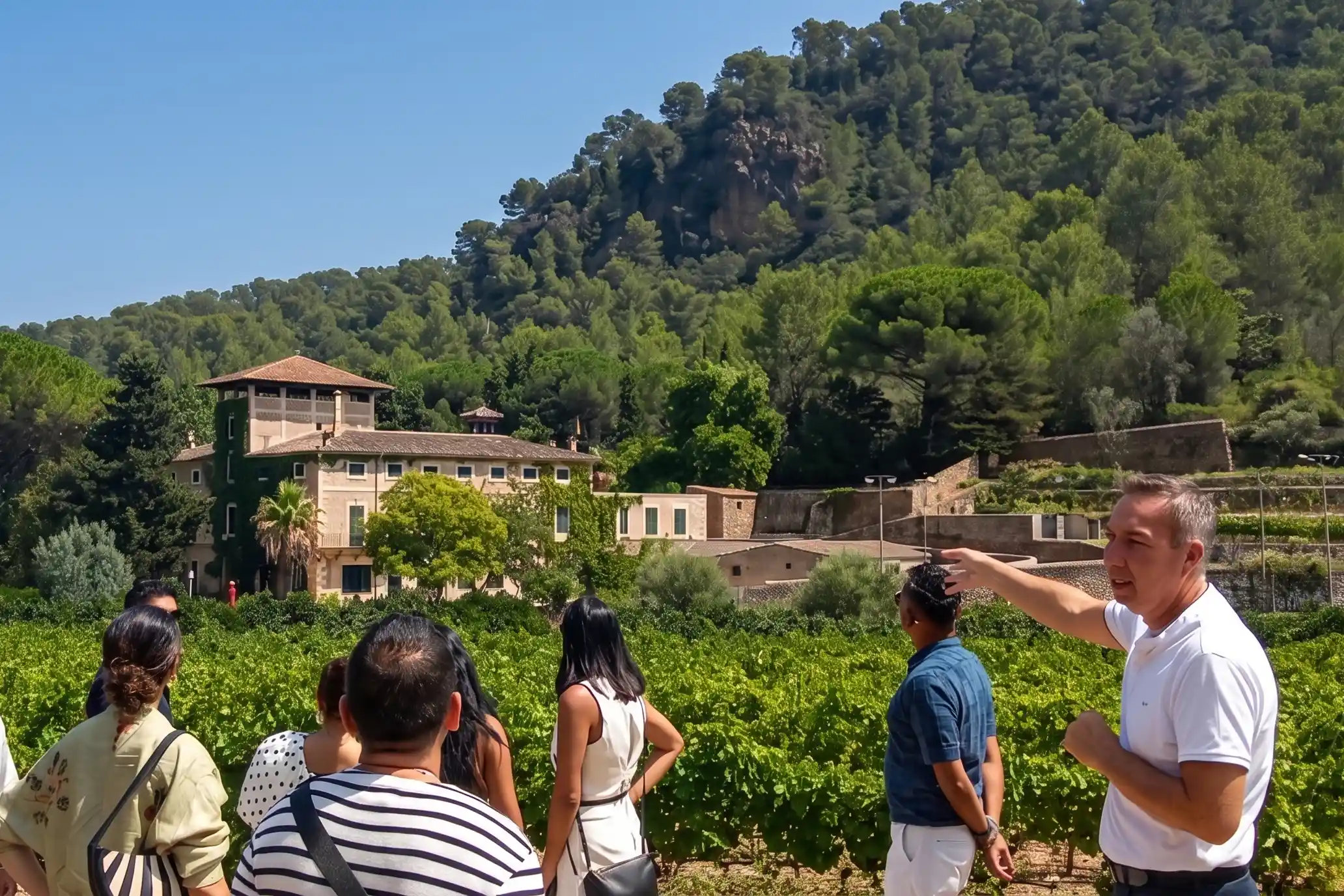 A guide points toward a beautiful country house next to a vineyard for a group of tourists on a sunny day.