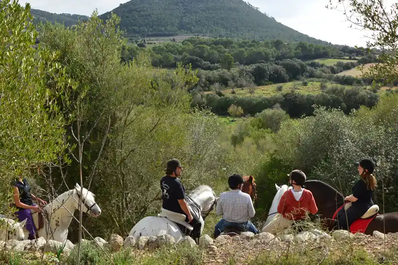 A group of people on horseback looking at a beautiful green valley surrounded by lush hills.