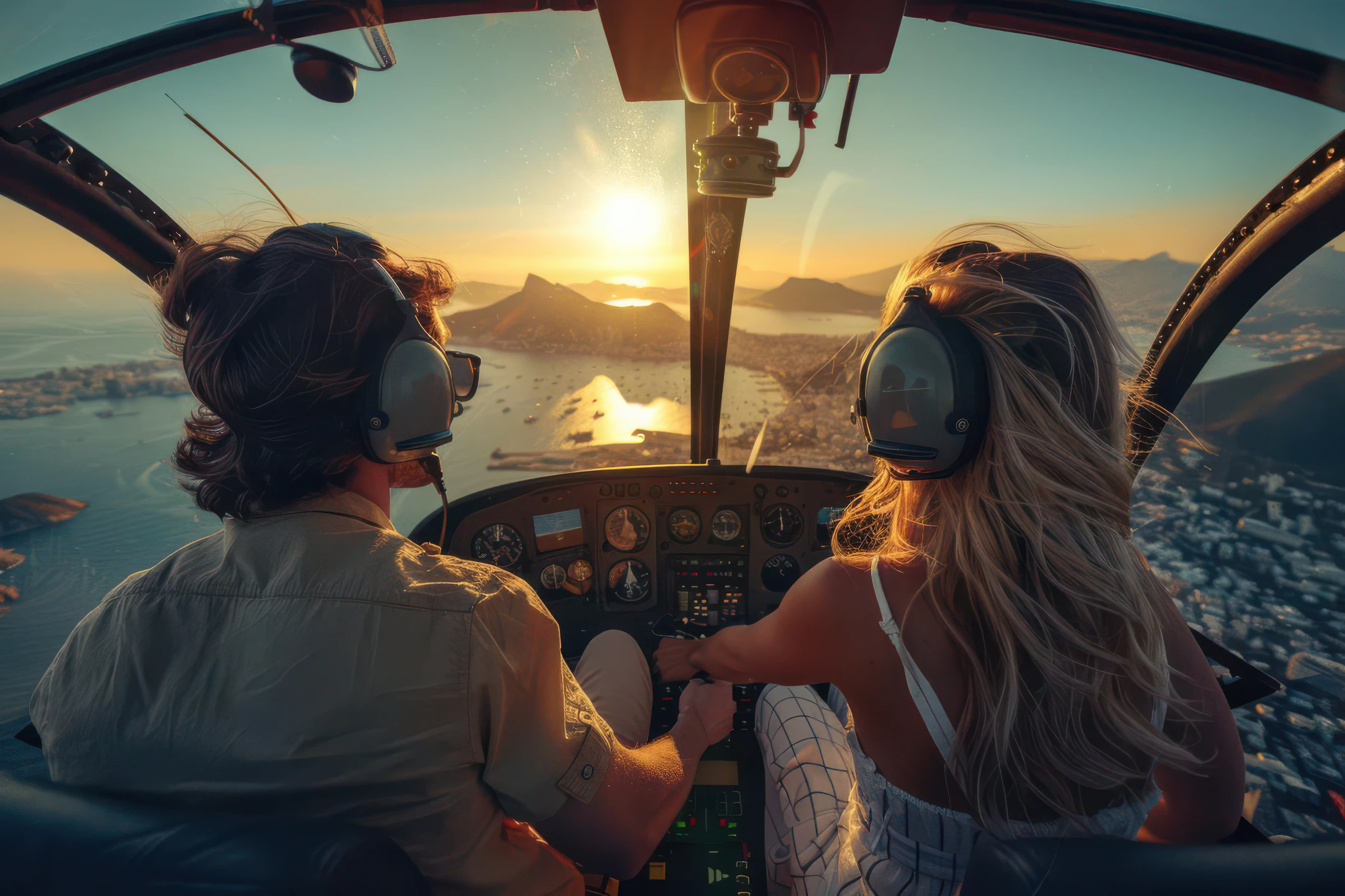 A couple inside a helicopter cockpit flying over a coastal city with mountains during a stunning golden sunset.