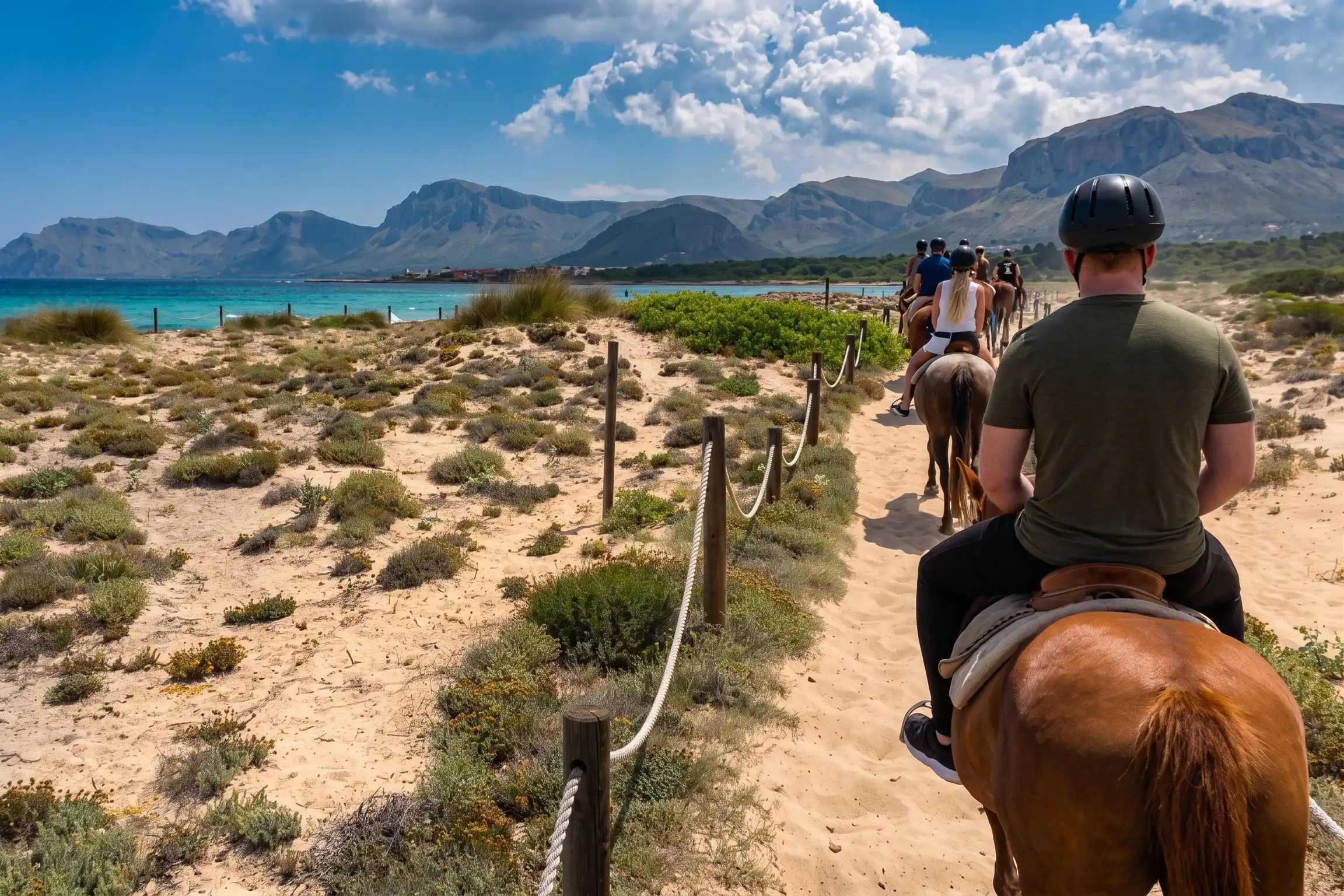 People horse riding along a sandy coastal path with mountains in the background in Mallorca.