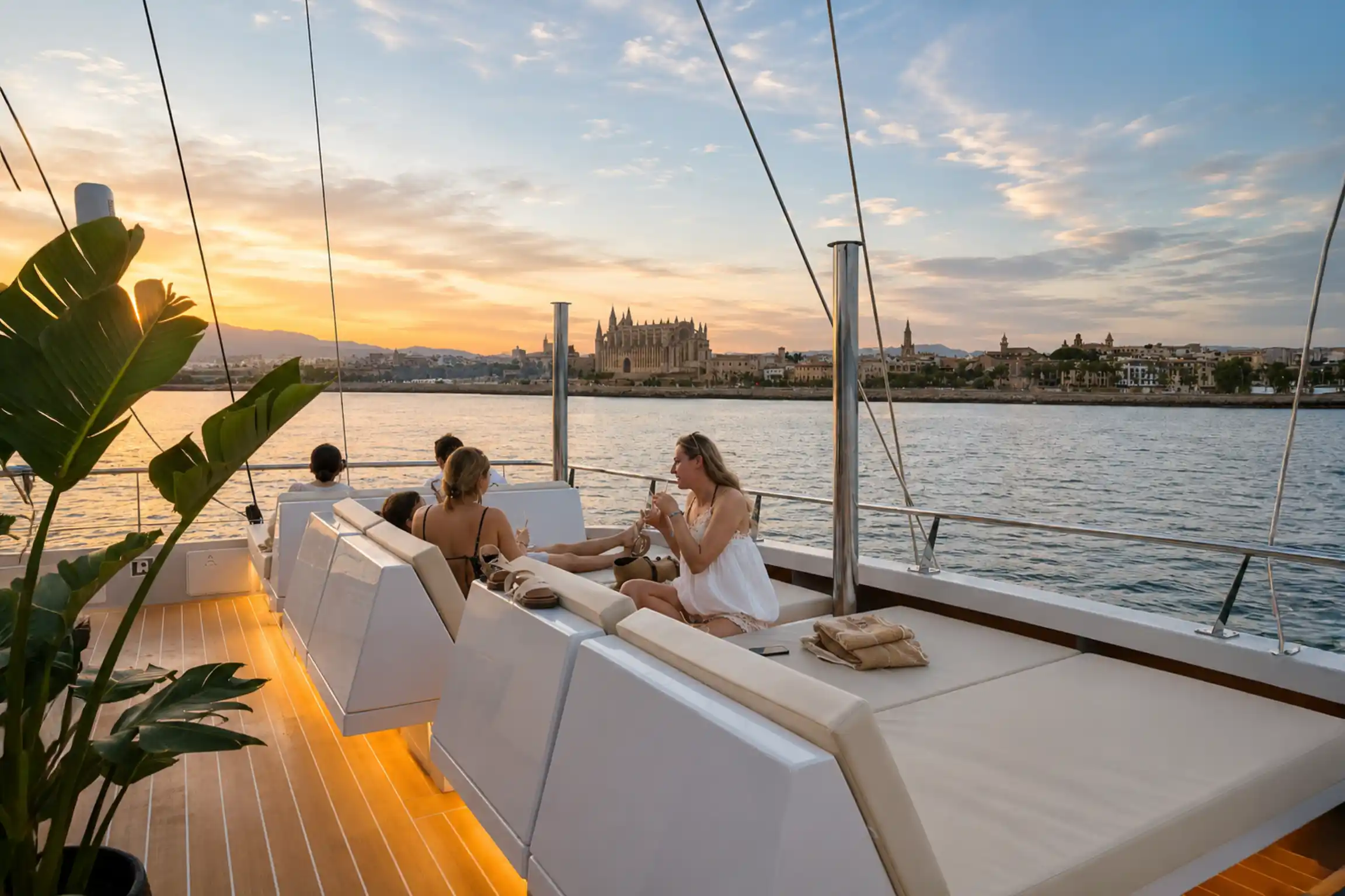 People relax on a boat deck lined with white loungers, enjoying a coastal city view at sunset.