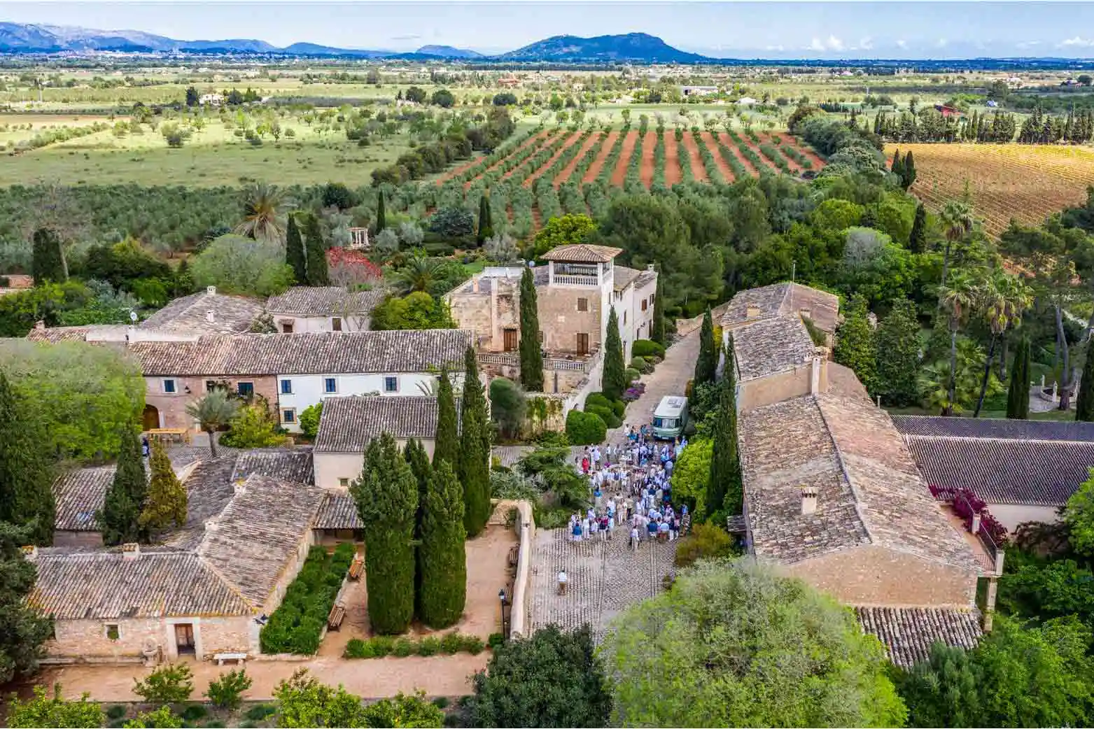 An aerial view of a rustic country estate with a group of people next to green fields.