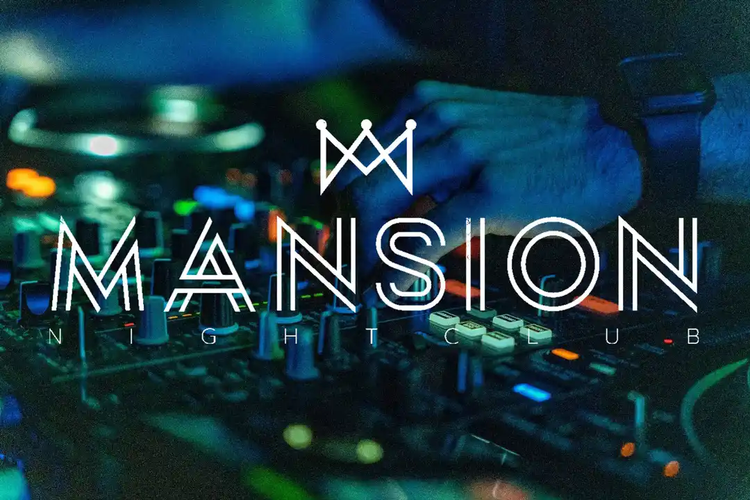 A close-up of a DJ hand mixing on a console with a stylized Mansion Nightclub logo overlay.