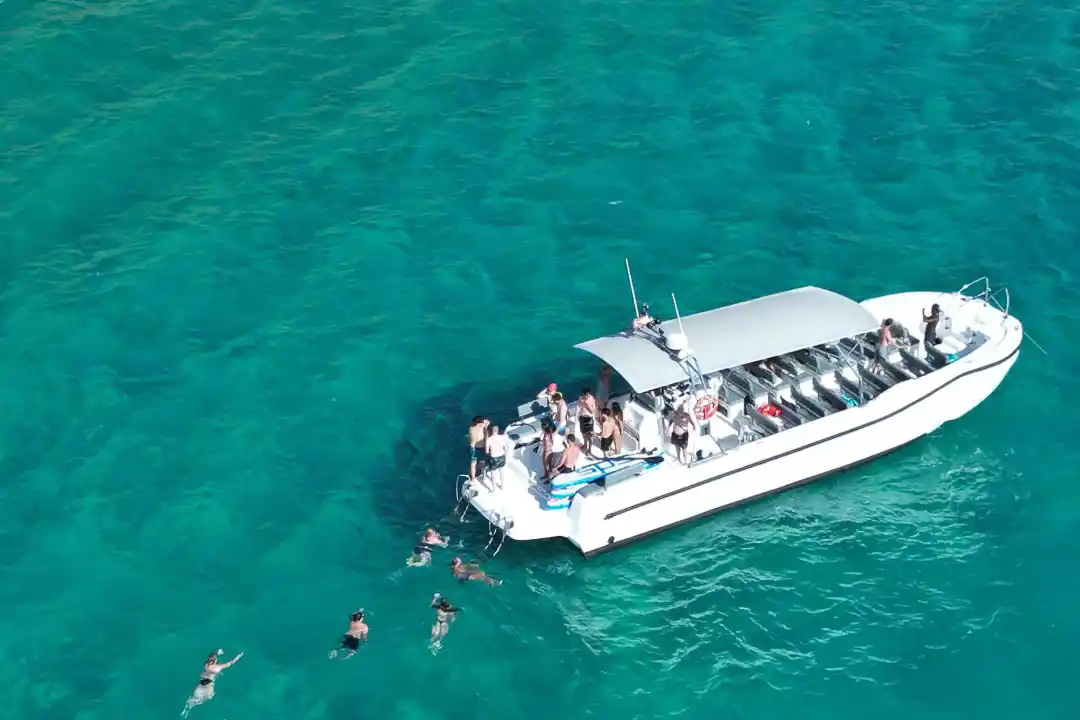 An aerial view of a white tour boat on crystalline turquoise water with people swimming nearby.