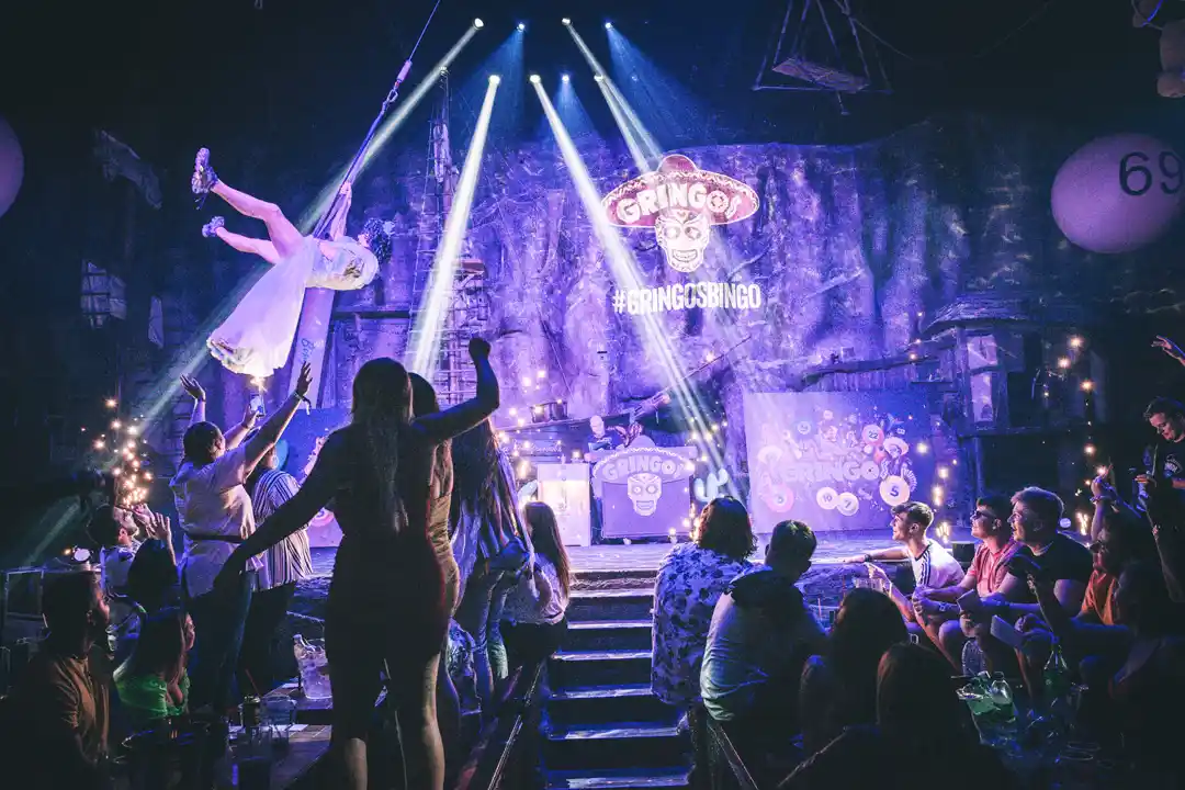 An aerial acrobat performs on a hoop above a cheering crowd under bright stage spotlights at a nightlife show event.