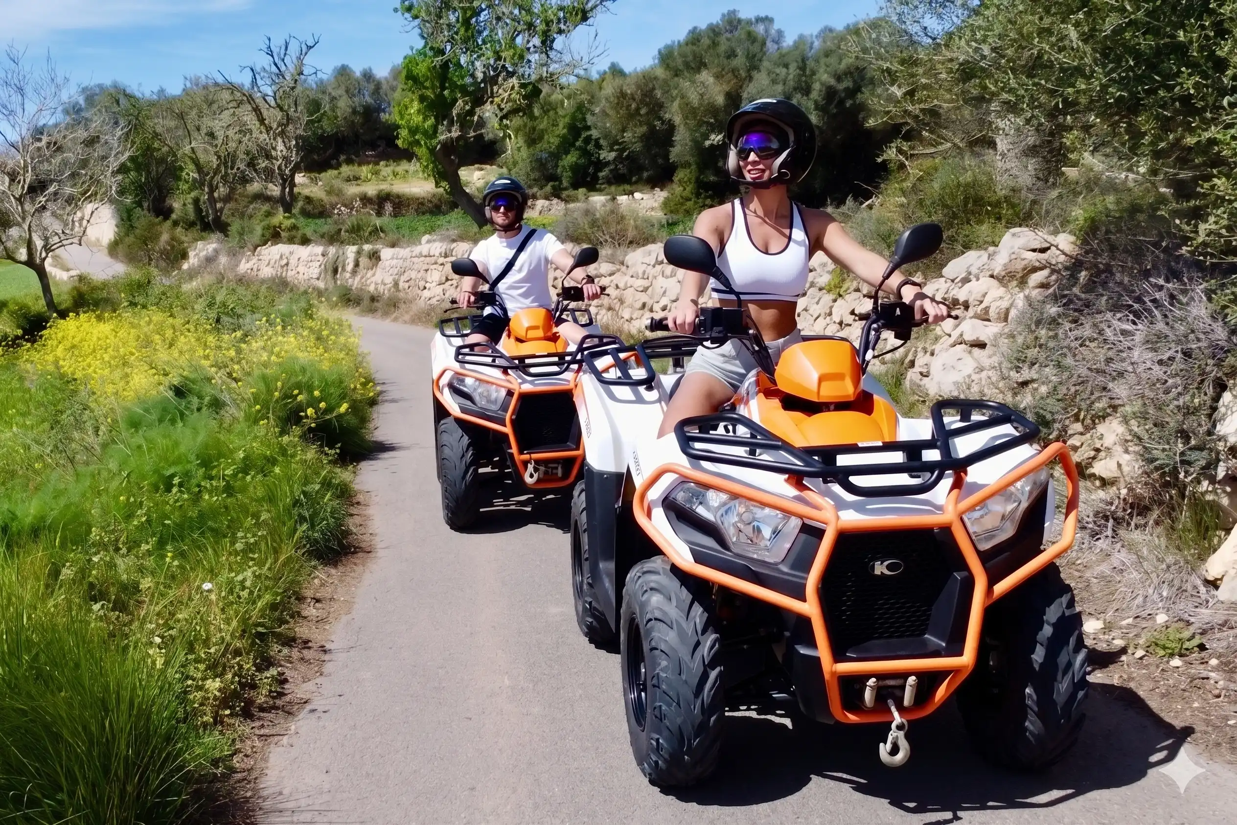 Un couple conduit des quads blancs et orange sur un chemin rural entouré d'arbres verts.