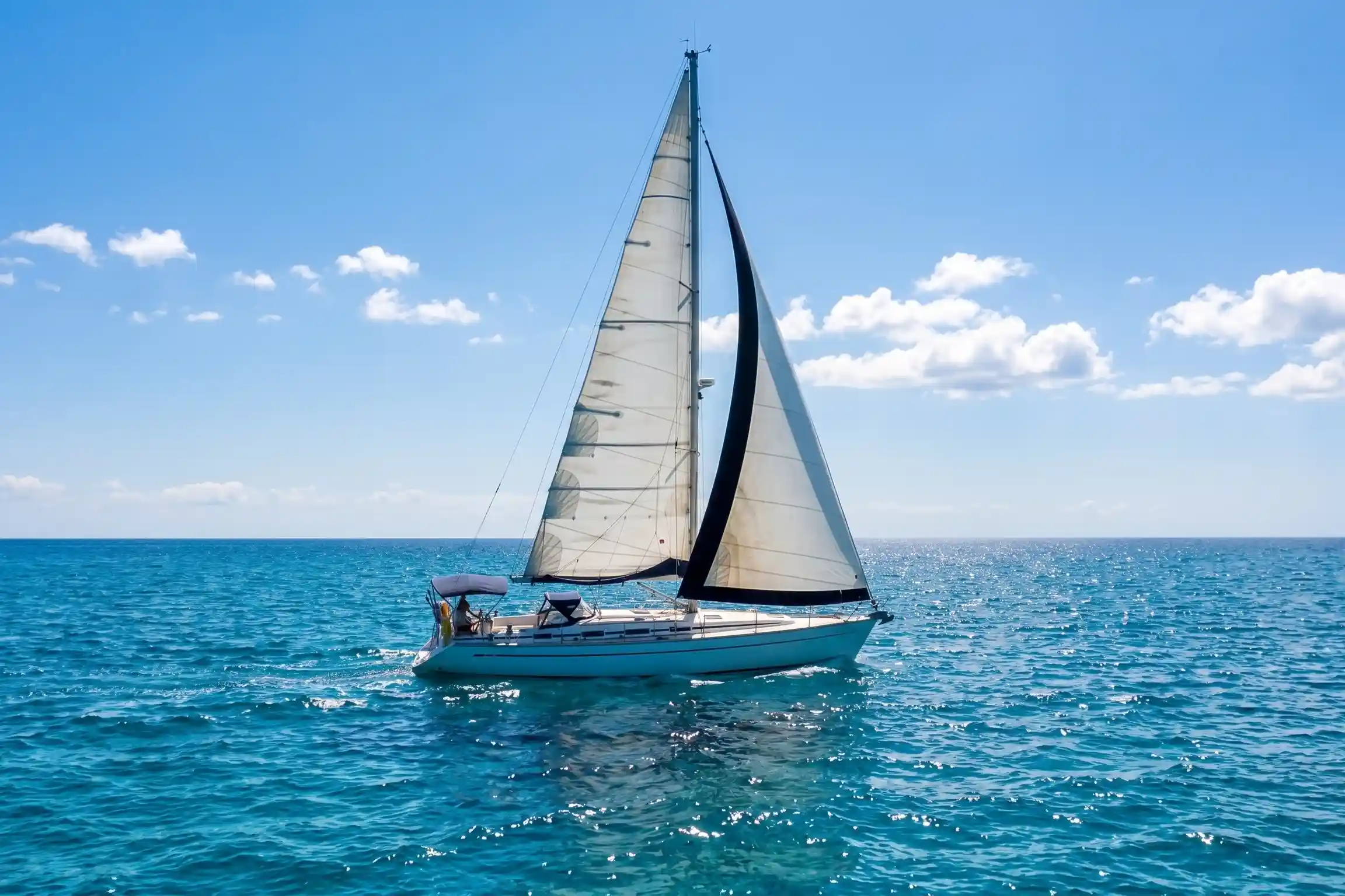 A white sailboat sailing on the calm blue sea with its large white sails open under a bright sky.