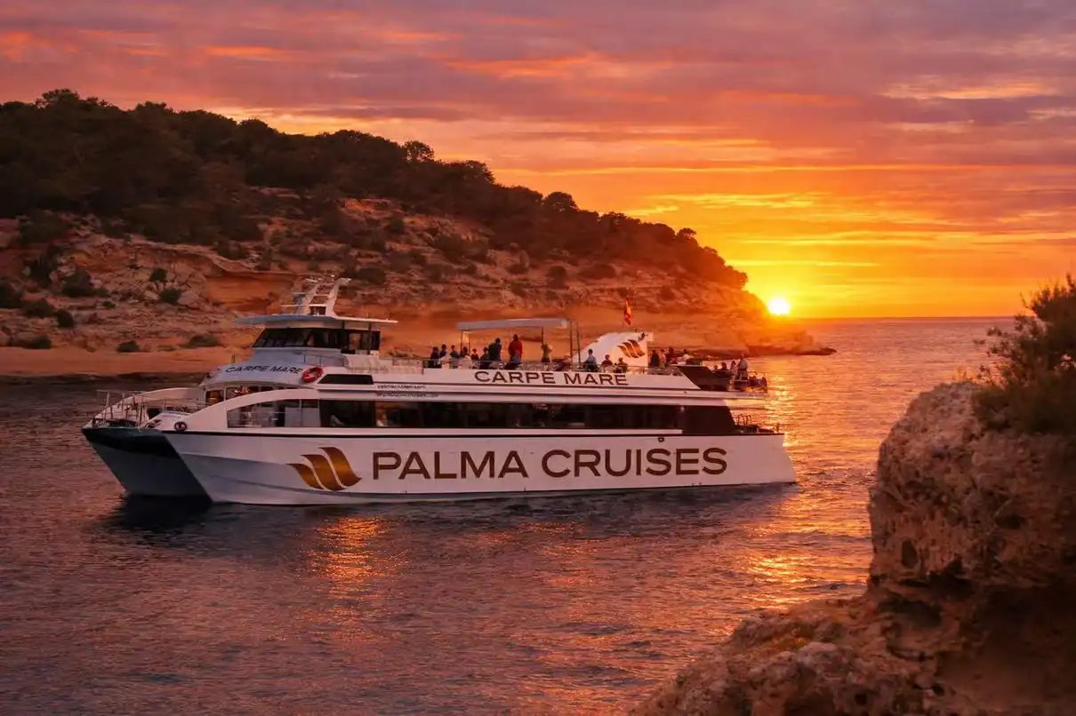 Ein Katamaran von Palma Cruises fährt während eines wunderschönen goldenen Sonnenuntergangs nahe einer Küste.