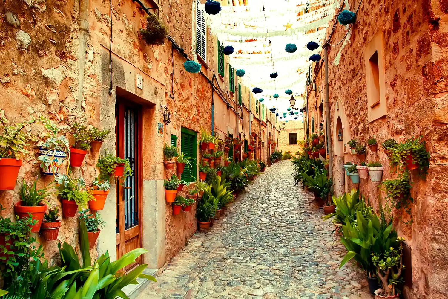 A narrow cobblestone street lined with old stone houses decorated with many colourful potted plants.