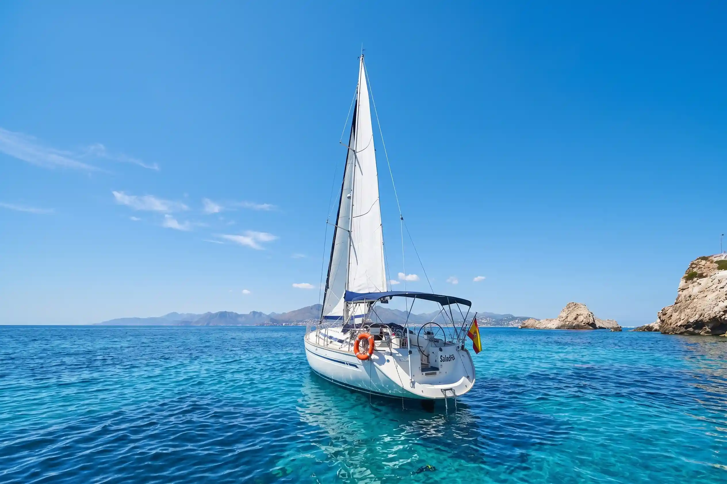 A white sailboat floating on clear turquoise ocean water near rocky cliffs under a blue sky.